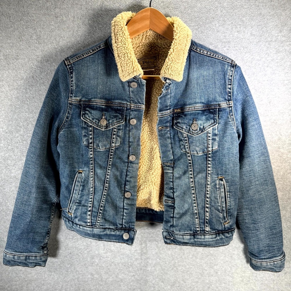 Polo Ralph Lauren Denim Trucker Jacket Boy L 12-14 Blue Faux-Sherpa Button Front
